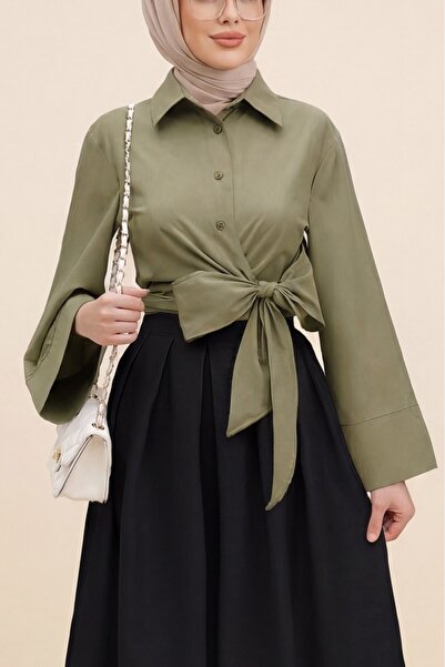 Modamorfo Πουκάμισο με ισπανικά μανικετόκουμπα με πλαϊνά δεσίματα -χακί