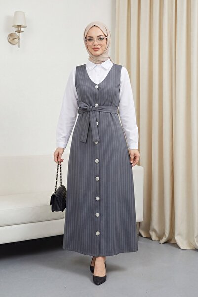 Modamorfo Ριγέ ζιλέ με κουμπιά και ζώνη - γκρι