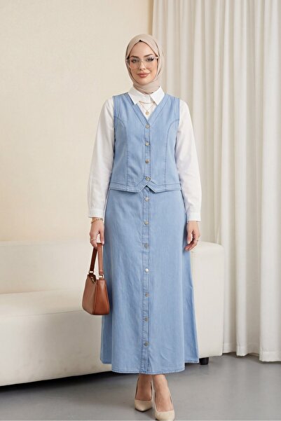 Modamorfo Σετ Τζιν με Γιλέκο και Φούστα με Κουμπιά - Ανοιχτό Μπλε