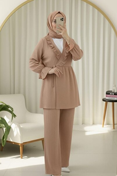 Modamorfo Σετ κιμονό με ελαστικό μανίκι, βολάν μπροστά και κορδόνια - σολομό