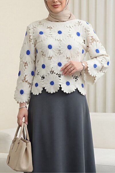 Modamorfo Μπλούζα πλεκτή με λαιμόκοψη Kayık Yaka Papatya Με σχέδιο - μπλε κοβ...