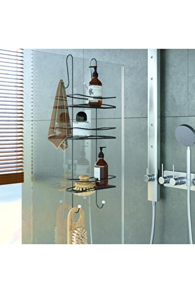 Teknotel 3 Kat Asmalı Şampuanlık Banyo Duşakabin Duş Rafı Mat Siyah BK066