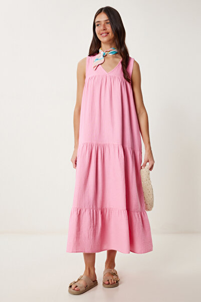 Lovelyİstanbul Καλοκαιρινό φόρεμα μουσελίνας με βολάν ΡΟΖ LMX0087