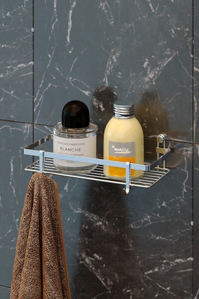 Teknotel Tek Katlı Lamalı Banyo Rafı Kancalı Şampuanlık Krom ES081H