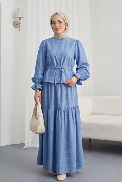 Modamorfo Λινό σετ με κουμπιά μπροστά, ελαστικό μανίκι και κορδόνια - μπλε