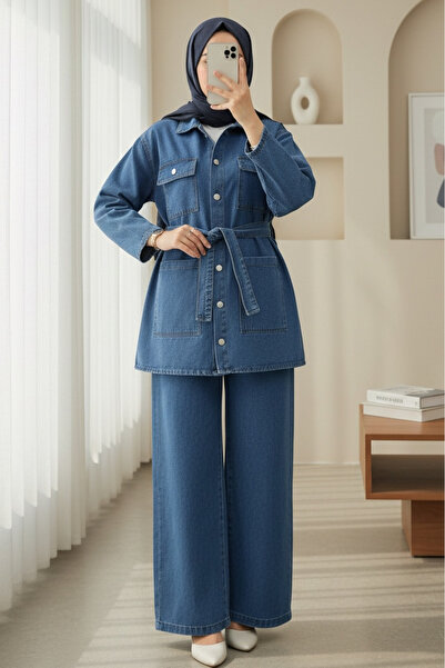 Modamorfo Τζιν σετ με ζώνη στη μέση, τσέπες και κουμπιά μπροστά - μπλε