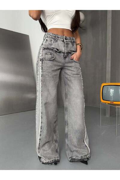 HerTon Γκρι πλυμένο τζιν παντελόνι με ψηλή μέση και φαρδιά μπατζάκια, γυναικε...