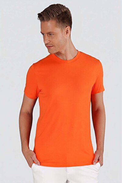 Efor Slim Fit Bisiklet Yaka Esnek Pamuklu Düz Oranj Tişört TS 823
