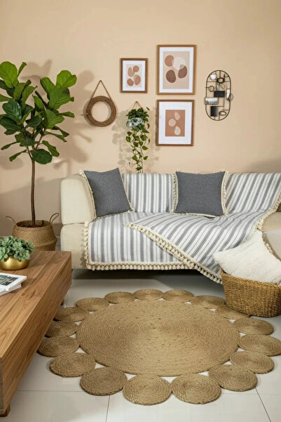 NDC HOME Γκρι ριγέ αυθεντικό λινό κάλυμμα καναπέ