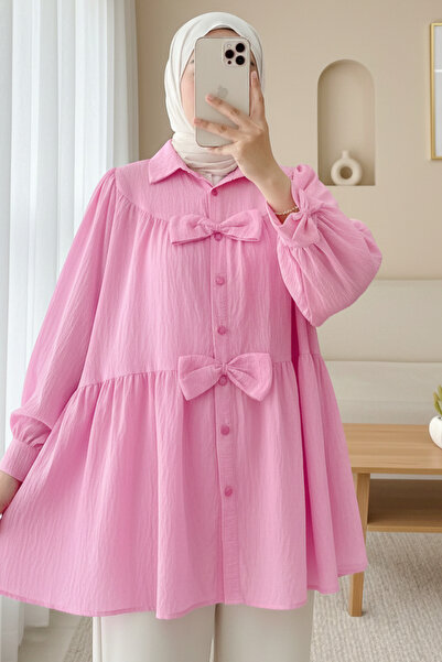 Modamorfo Πουκάμισο με λεπτομέρεια φιόγκου στο μπροστινό μέρος - ροζ