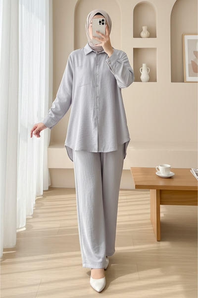 Modamorfo Πουκάμισο ποπλίνα με μακριά κουμπιά στην πλάτη - ανοιχτό γκρι