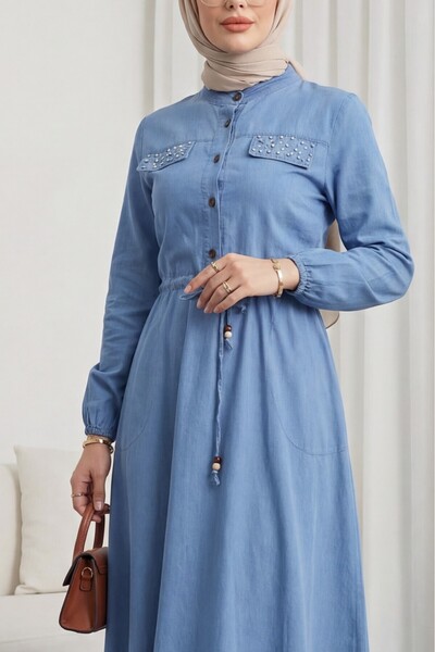 Modamorfo Μακρύ Τζιν Φόρεμα - Πέρλες Λεπτομέρεια και Κορδόνια Τούνελ