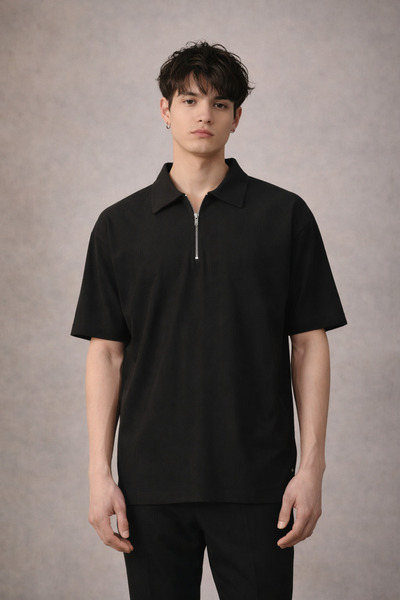 İLKCET MODA Ανδρικό μπλουζάκι με φερμουάρ Black Ottoman oversized