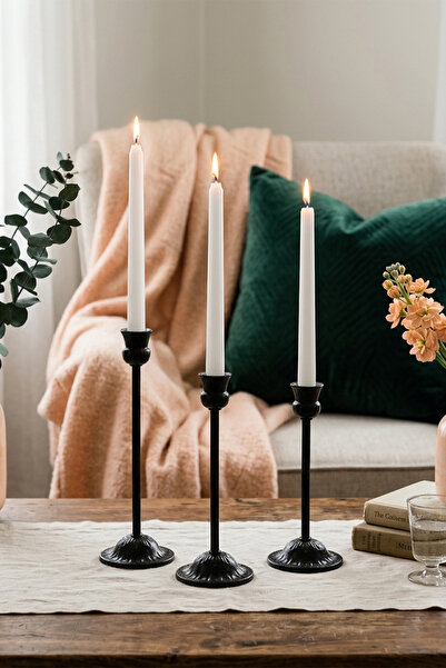AA HomeLight 3'lü Siyah Şamdan Üçlü Mumluk Takımı Dekoratif Ev Aksesuarı Pasl...