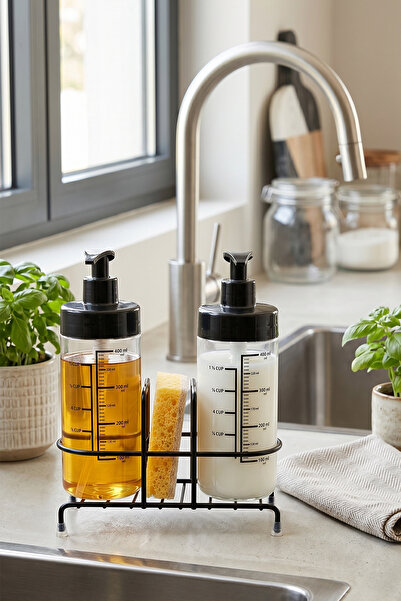 NTC METAL Standlı Mutfak Sıvı Sabunluk Ve Süngerlik Seti, Tezgah Üstü Çift Sı...