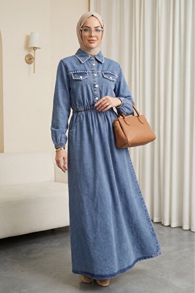 Modamorfo Half-Buttoned, Elastic Waist, Pocketed, Embroidered Denim Dress - I...