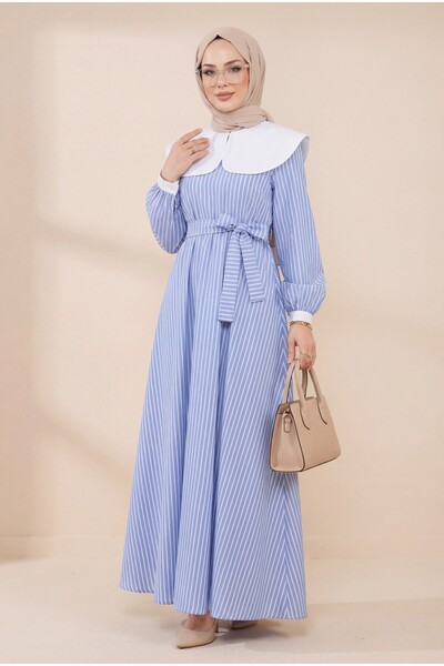 Modamorfo Baby Collar Striped Long Dress with Elastic Waist - Blue