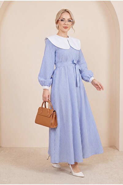 Modamorfo Раирана дълга рокля с бебешка яка и еластична талия - синя