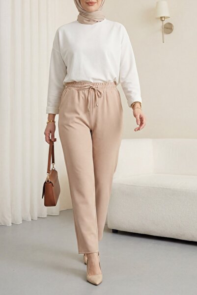 Modamorfo Pantaloni cu talie cu șireturi și picior îngust - bej
