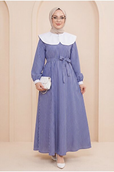 Modamorfo Μακρύ φόρεμα με ρίγες στο γιακά και ελαστική μέση - μπλε ναυτικό