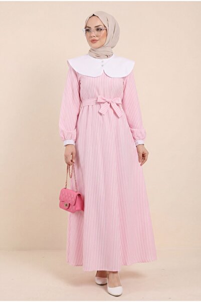 Modamorfo Βρεφικό φόρεμα με ρίγες στο λαιμό και ελαστική μέση - ροζ