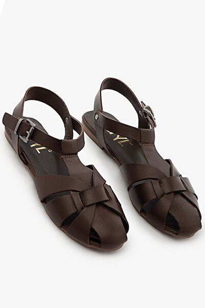 SAYL Καφέ γυναικεία σανδάλια με λουράκια από γνήσιο δέρμα