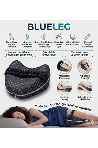 WHITEBLANCO BlueLeg Ortopedik Bacak Arası Yan Yatış Yastığı Ergonomik Uyku Minderi Lastikli