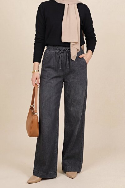 Modamorfo Τζιν παντελόνι με ελαστική μέση, τσέπες και φαρδιά μπατζάκια - ανθρακί