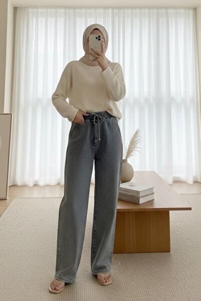 Modamorfo Φαρδύ τζιν με τσέπες ελαστική μέση - καπνιστό