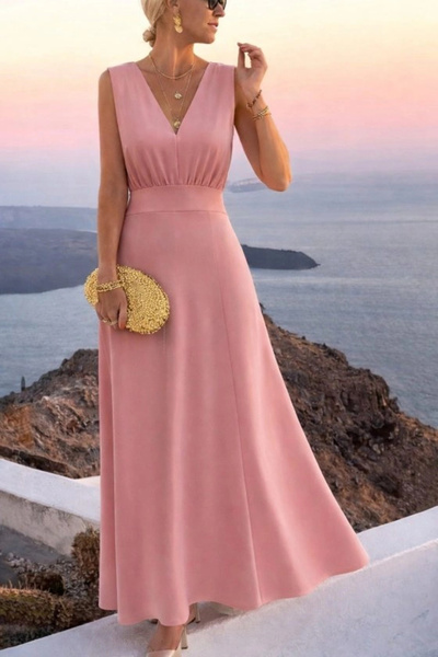 Butik Women's Strappy V-Neck Long Imported Dress with Waist Corset Detail Crepe
