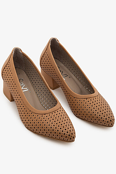 SAYL Γυναικεία παπούτσια με χαμηλό τακούνι από γνήσιο δέρμα Tan, διάτρητα