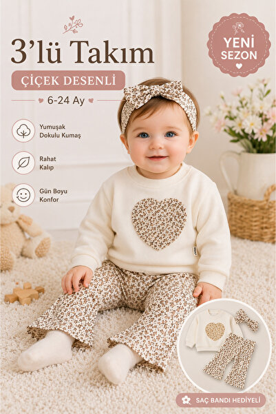 Heart Detailed Flower Patterned Baby Girl 3-Piece Set – Baby Set with Hair Band 6-24 Months