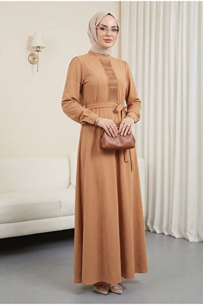 Modamorfo Cinnamon Detailed Belted Ayrobin Dress - Cinnamon