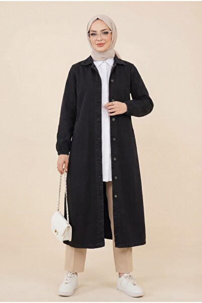 Modamorfo Τζιν Καπάκι με κουμπιά με ελαστικό μανίκι - μαύρο