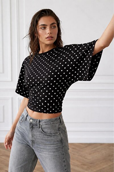 khar Γυναικεία μπλούζα με φαρδιά μανίκια που εφαρμόζει στη μέση, πουά, μαύρη