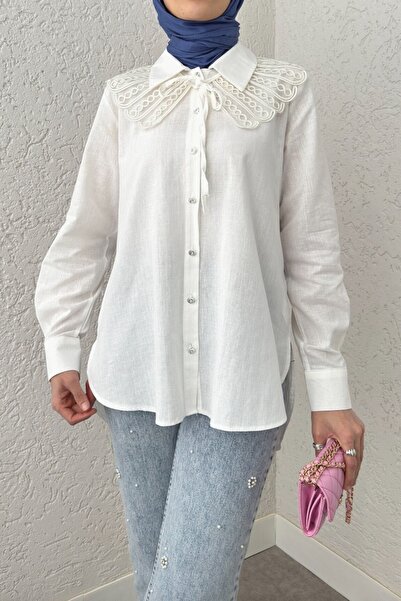 Modamorfo Yakalık Detaylı Arkası Uzun Düğmeli Gömlek -beyaz