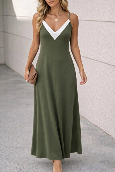 Butik Women's Long Viscose Dress with Rope Straps and Sharp V-Neck