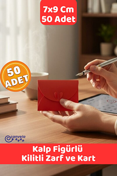 CANVELA 50 Adet 7x9 Cm Kırmızı Zarf Kalp Kilitli Mini Hediye Zarfı ve Kart Seti