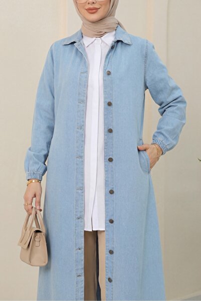 Modamorfo Τζιν Καπάκι με κουμπιά με ελαστικό μανίκι - γαλάζιο