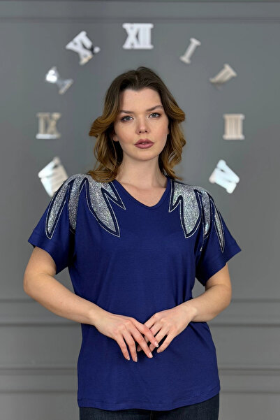 Bİ.GİYSEN Γυναικείο μπλουζάκι με κοντό μανίκι από λίκρα με κεντημένο κρύσταλλ...