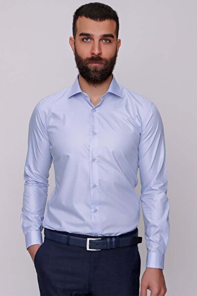 Efor Men's Slim Fit Cotton Satin Double Cuffed Classic Light Blue Shirt Gk 235