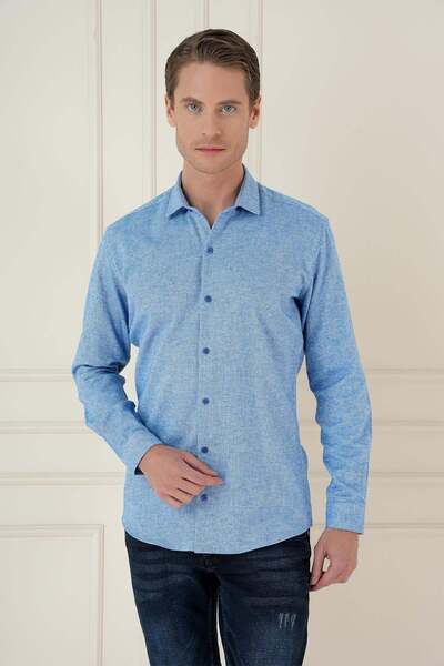 Efor Men's Slim Fit Textured 100% Cotton Blue Shirt g 1584