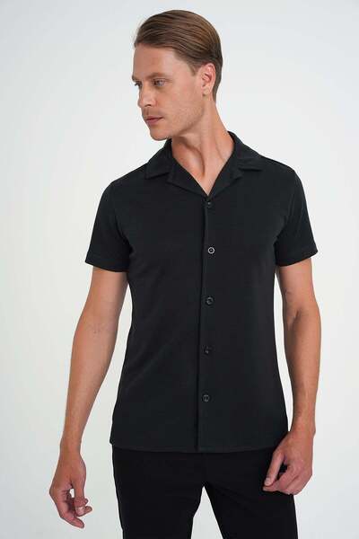 Efor Erkek Slim Fit Apaş Yaka Modal Karışımlı Kısa Kollu Siyah Gömlek G 1590