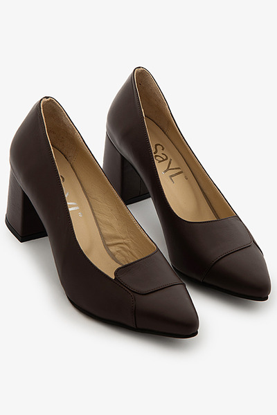 SAYL Καφέ Γνήσιο Δερμάτινο Κλασικό Γυναικείο Παπούτσι με Χοντρό Τακούνι