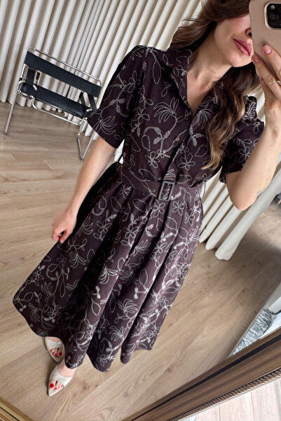 Sue Store Μούρι Μπεζ Με φλοράλ μοτίβο Ζώνη τεμάχια Πουκαμισοφόρεμα