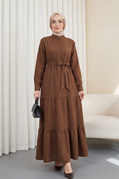 Modamorfo Half-Buttoned, High-Necked, Tie-Waist Linen Dress - Brown