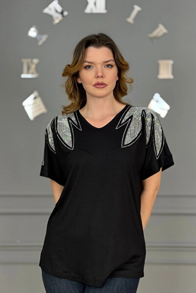 Bİ.GİYSEN Γυναικείο μαύρο μεγάλο μέγεθος V λαιμόκοψη ώμους φύλλο κρυστάλλινη ...