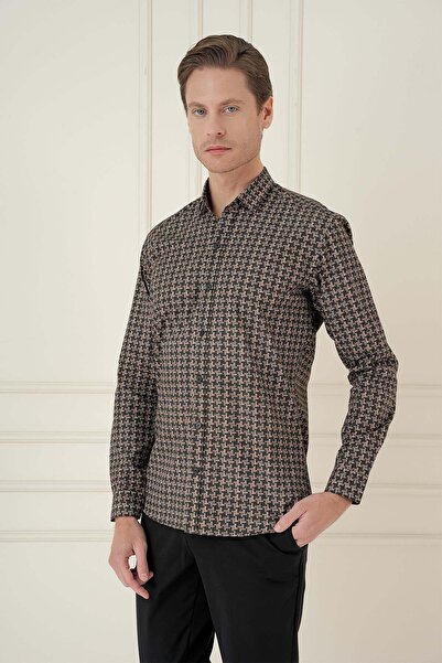 Efor Men's Slim Fit Houndstooth Patterned 100% Cotton Casual Brown Shirt g 1585
