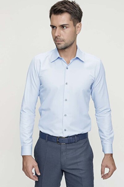 Efor Erkek Slim Fit Pamuklu Saten Klasik Mavi Gömlek Gk 624