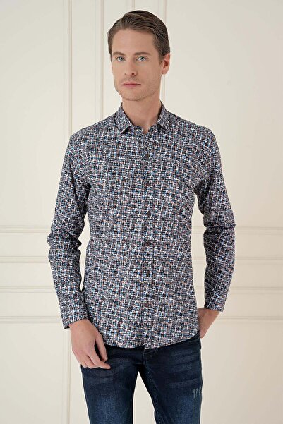 Efor Erkek Slim Fit Baskılı %100 Pamuklu Spor Mavi Gömlek G 1586